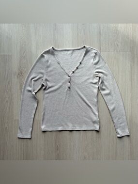 American Eagle Waffle Henley T-Shirt Women’s L Oatmeal Long Sleeve